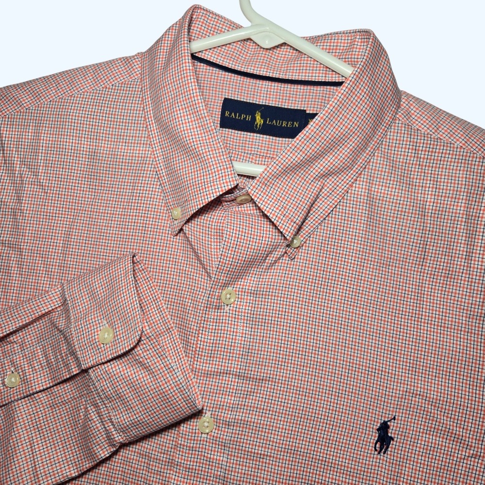 Ralph Lauren Mens XL Orange Navy White Check Long Sleeve Button Down Shirt